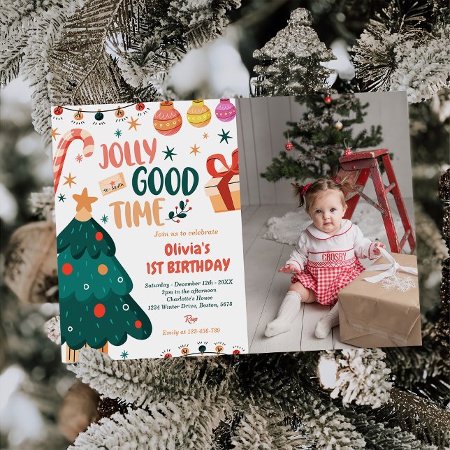 Christmas Jolly Good Time 1st Birthday Photo Invitation (Creator Uploaded)