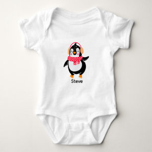 Christmas Jolly Penguin in Scarf with Ear Muffs Baby Bodysuit