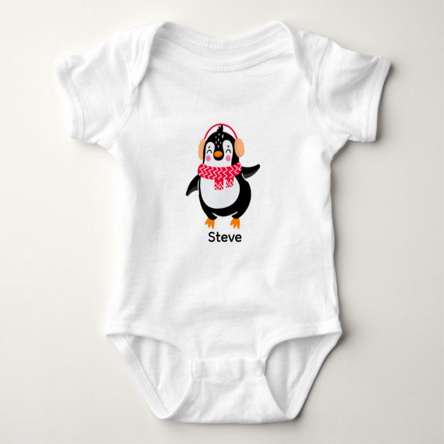 Christmas Jolly Penguin in Scarf with Ear Muffs Baby Bodysuit (Front)