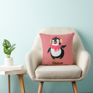 Christmas Jolly Penguin in Scarf with Ear Muffs Cushion