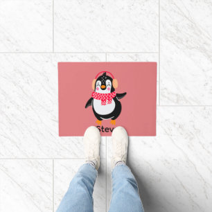 Christmas Jolly Penguin in Scarf with Ear Muffs Doormat