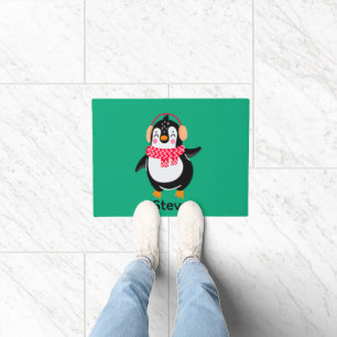 Christmas Jolly Penguin in Scarf with Ear Muffs Doormat
