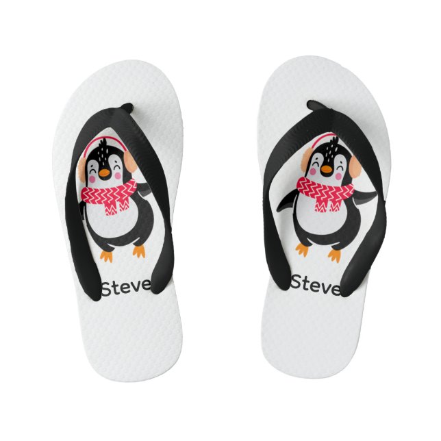 Christmas Jolly Penguin in Scarf with Ear Muffs Kid's Thongs (Footbed)