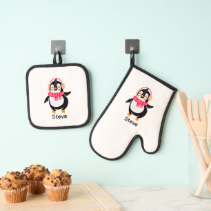 Christmas Jolly Penguin in Scarf with Ear Muffs Oven Mitt & Pot Holder Set