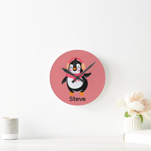 Christmas Jolly Penguin in Scarf with Ear Muffs Round Clock