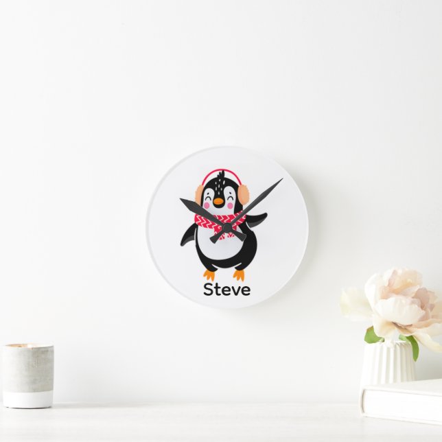 Christmas Jolly Penguin in Scarf with Ear Muffs Round Clock (Home)
