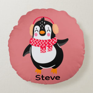 Christmas Jolly Penguin in Scarf with Ear Muffs Round Cushion