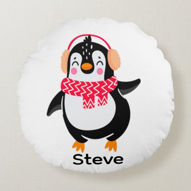 Christmas Jolly Penguin in Scarf with Ear Muffs Round Cushion (Front)
