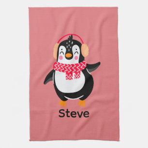 Christmas Jolly Penguin in Scarf with Ear Muffs Tea Towel
