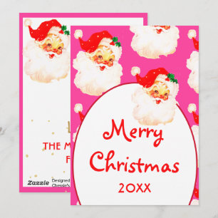 Christmas Jolly Santa Claus Pink Merry Greeting  Holiday Card