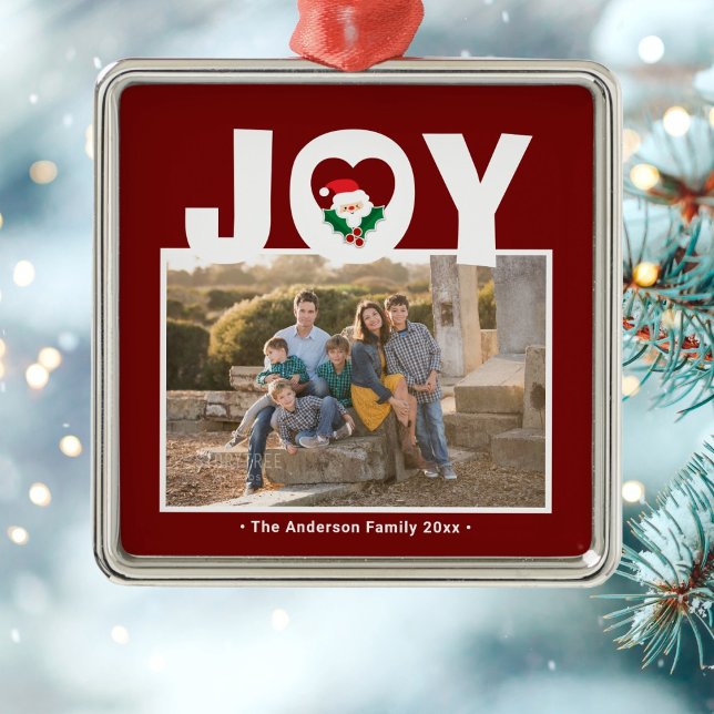 Christmas Joy and Holly Berries Santa Family Photo Metal Ornament (Creator Uploaded)