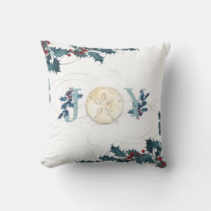 Christmas Joy Beach Coastal Sand Dollar Blue Holly Cushion