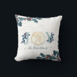 Christmas Joy Beach Coastal Sand Dollar Holly Name Cushion<br><div class="desc">Simple. Modern. Personalised with your family name, this watercolor design has holly greenery in blues with red berries. A typography designed, "JOY" is in dusty blue with an off white watercolor painted sand dollar. Calligraphy scroll flourishes finish off the image. Uses vintage holly artwork mixed with watercolor painted seashell by...</div>