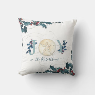 Christmas Joy Beach Coastal Sand Dollar Holly Name Cushion