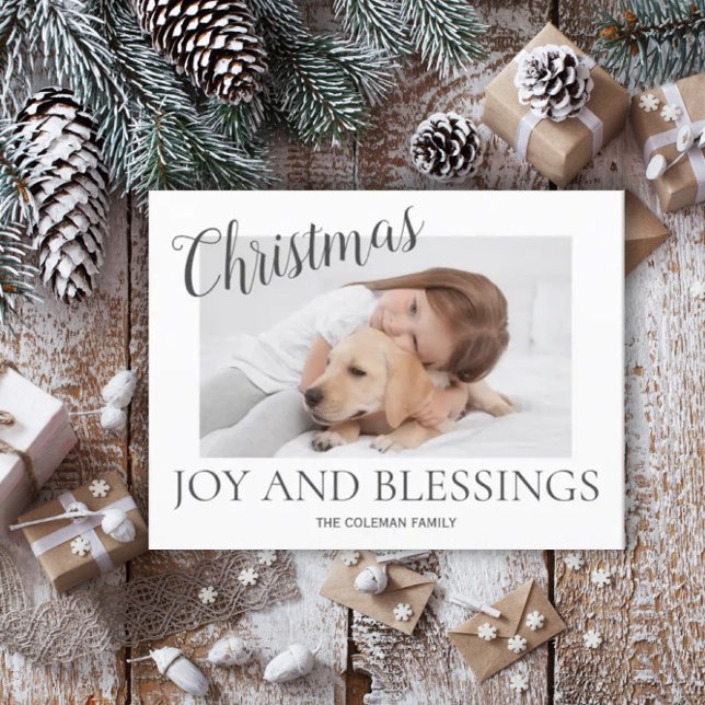 Christmas Joy Blessings Photo Modern Minimal White Holiday Postcard (Creator Uploaded)