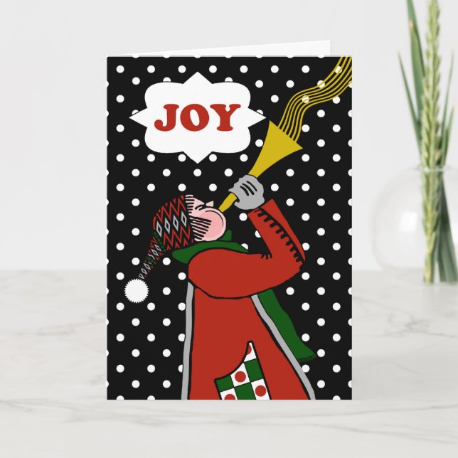 Christmas Joy Blowing Horn in the Snow Holiday Card (Front)