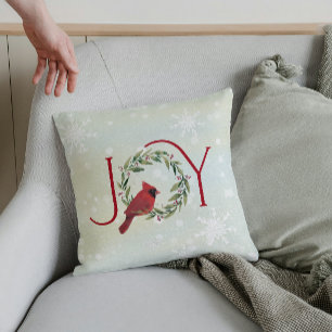 Christmas JOY Cardinal in Wreath  Cushion