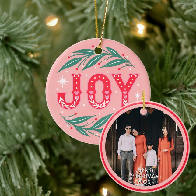 Christmas Joy Custom Photo  Ceramic Ornament (Christmas Joy customizable ornament)