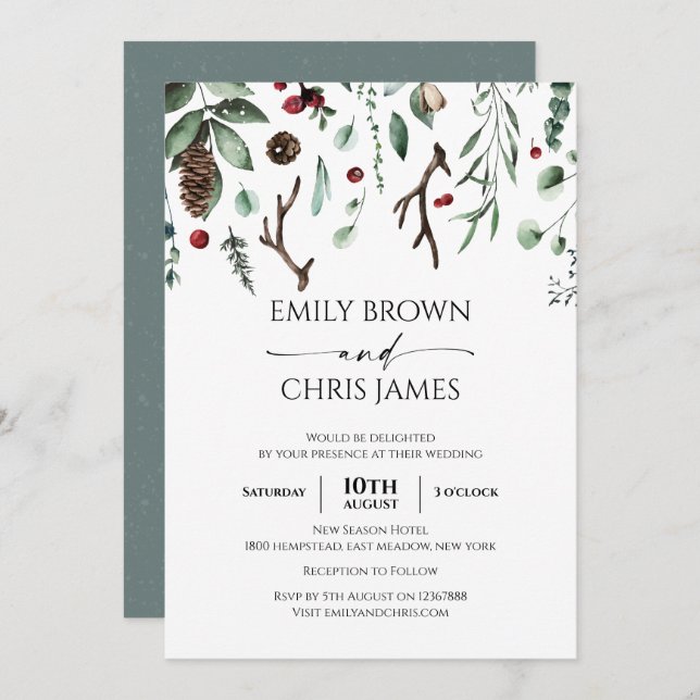 Christmas Joy | Elegant Watercolor Winter Wedding Invitation (Front/Back)