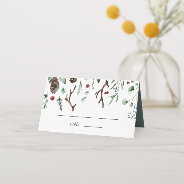 Christmas Joy | Elegant Watercolor Winter Wedding Place Card (Front)