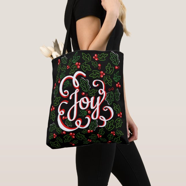 Christmas Joy Flourishes Holly Berries & Leaves Tote Bag (Close Up)