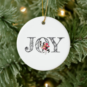 Christmas JOY Frenchie Dog Holly Bow Festive Ceramic Ornament