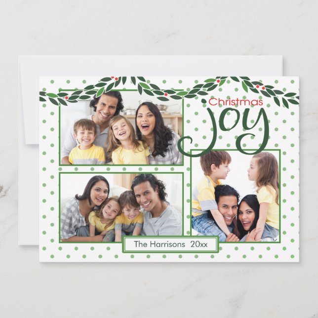 Christmas Joy, Garland and Green Polka Dots Holiday Card (Front)