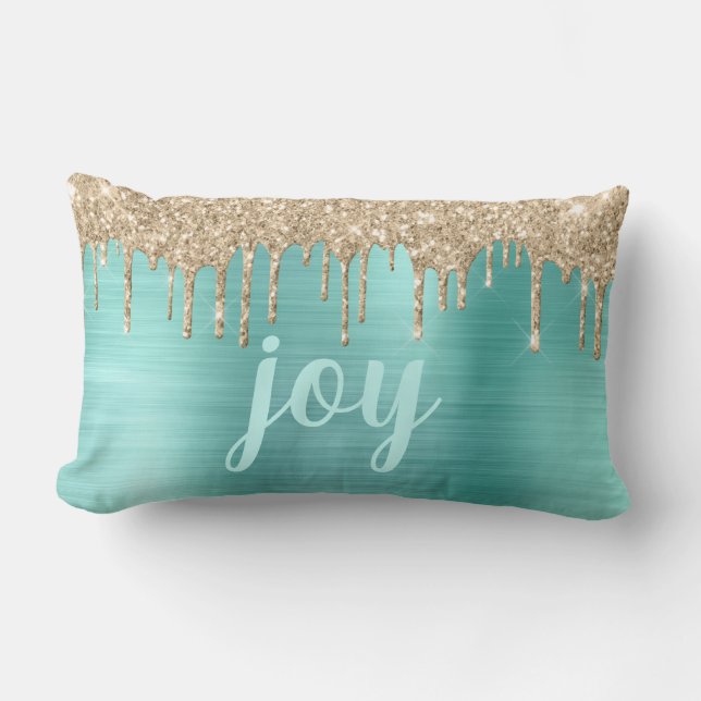 Christmas Joy Glitter Drips Teal Metallic Lumbar Cushion (Front)