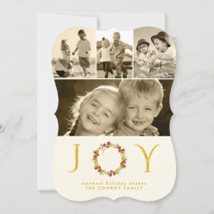 Christmas Joy Gold Glitter Floral Wreath Die-Cut Holiday Card