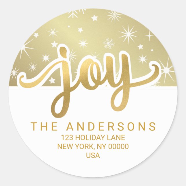 Christmas Joy Gold Handwritten Return Address Classic Round Sticker (Front)