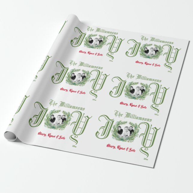Christmas JOY Green Wreath Photo Wrapping Paper (Unrolled)