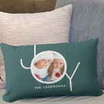 Christmas Joy Holiday Green Photo Lumbar Cushion<br><div class="desc">This stylish Christmas Photo Pillow is decorated with the word JOY in modern white typography on a festive pine green background.
Easily customisable with your photo and name.</div>