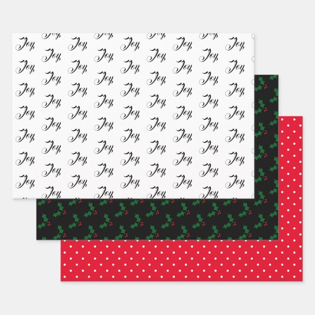 Christmas Joy, Holly, & White & Red Dots Wrapping Paper Sheet (Set)
