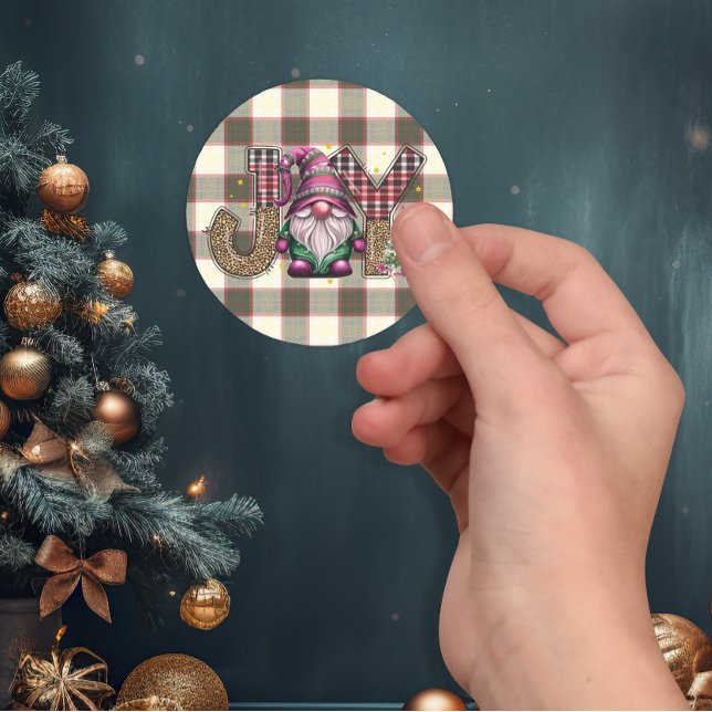 Christmas Joy Nordic Gnome Plaid Girly  Classic Round Sticker (Creator Uploaded)