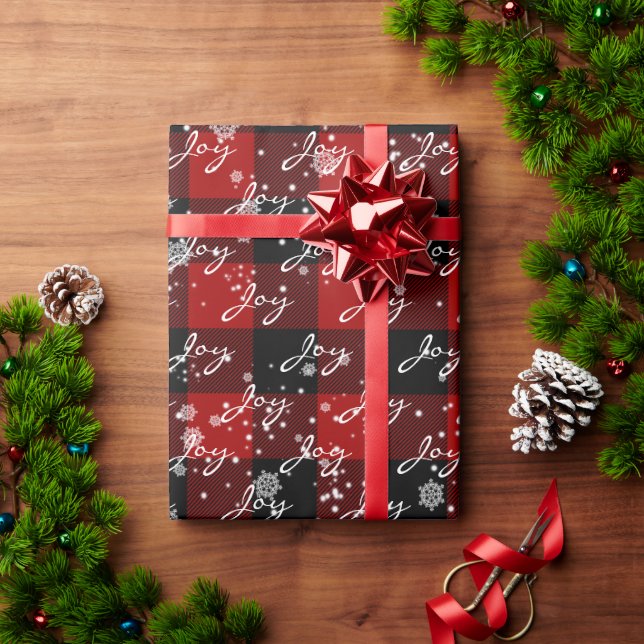 Christmas JOY On Plaid In Snowflakes   Wrapping Paper (Holiday Gift)