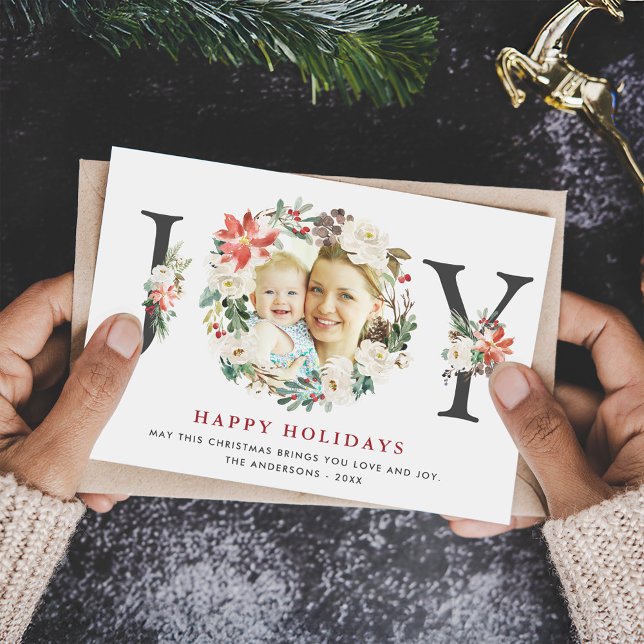 Christmas JOY Poinsettia Floral Wreath Photo Holiday Card (Creator Uploaded)