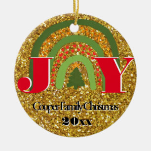  Christmas Joy red gold green rainbow personalise Ceramic Ornament