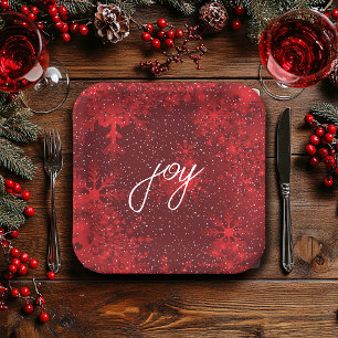 Christmas Joy Red Snowflakes Falling Snow Paper Plate