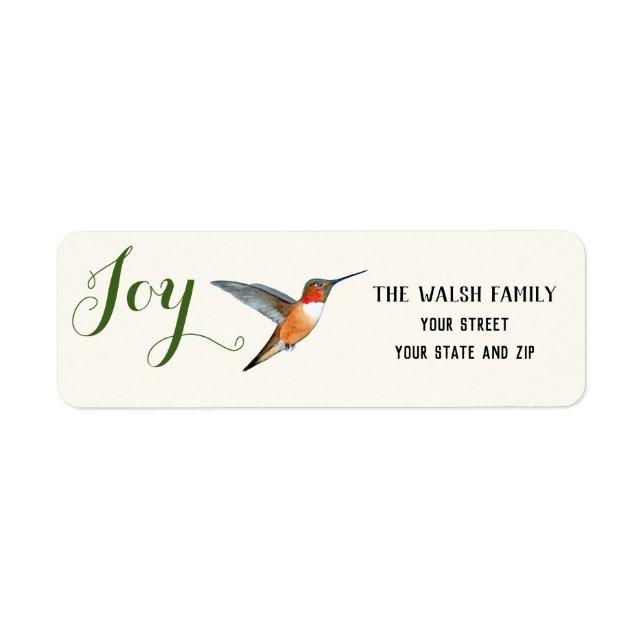 Christmas Joy Rufous Hummingbird Return Address Label (Front)
