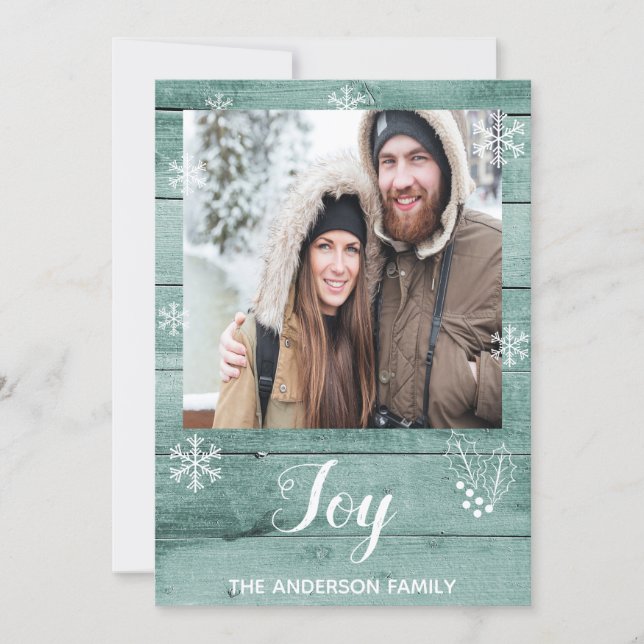 Christmas Joy rustic green wood photo card (Front)