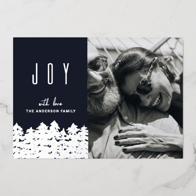 Christmas Joy. Silver navy blue winter woodland Foil Holiday Card (Front)