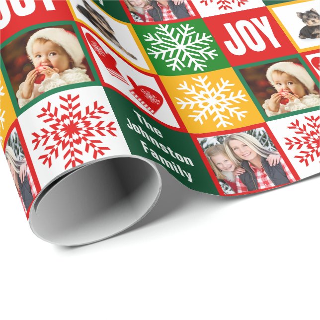 Christmas Joy Snowflake Add Your Own Family Photos Wrapping Paper (Roll Corner)
