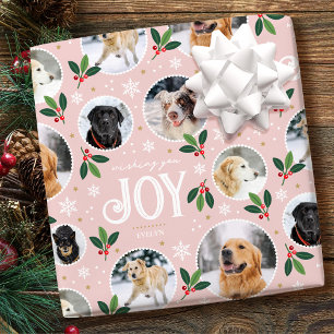 Christmas Joy Snowflake Cute Photo Collage Pink Wrapping Paper