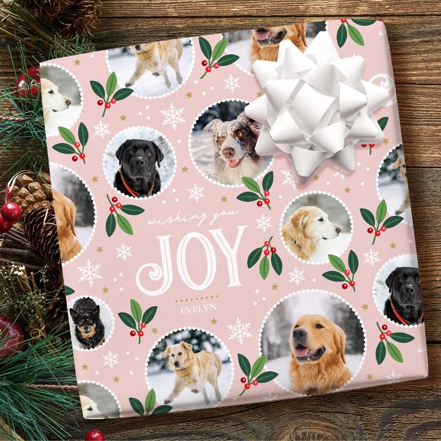 Christmas Joy Snowflake Cute Photo Collage Pink Wrapping Paper (Creator Uploaded)
