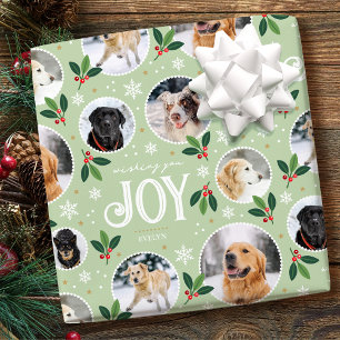 Christmas Joy Snowflake Photo Collage Green Wrapping Paper