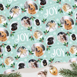 Christmas Joy Snowflake Photo Collage Mint Wrapping Paper<br><div class="desc">'Wishing you joy' fun and stylish gift wrap! An editable template, personalised with six photos of your family, friends or pets. You can also include the recipient's name, your family name or the holiday year. A seamless pattern with snowball framed photographs, festive leaves, berries, snow, snowflakes and stars. Custom gift...</div>