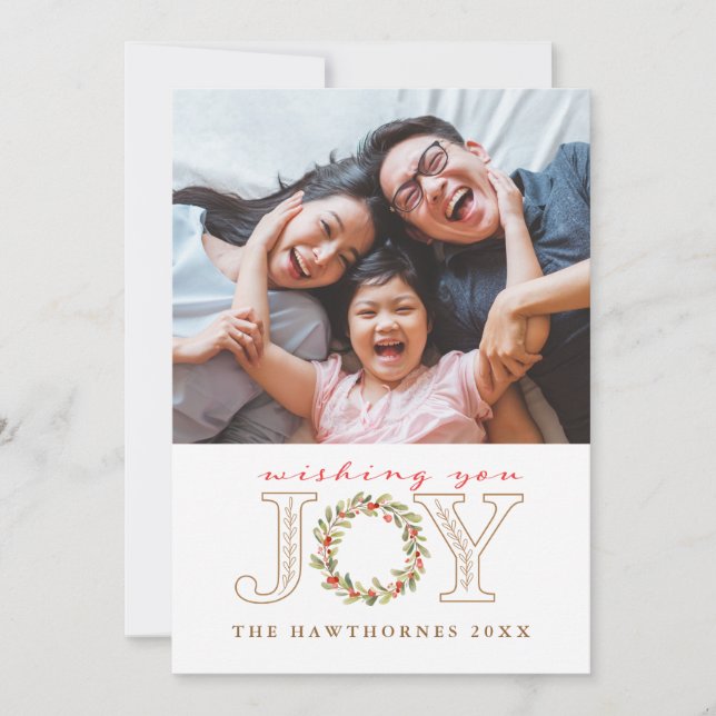 Christmas Joy Watercolor Wreath Photo Card (Front)