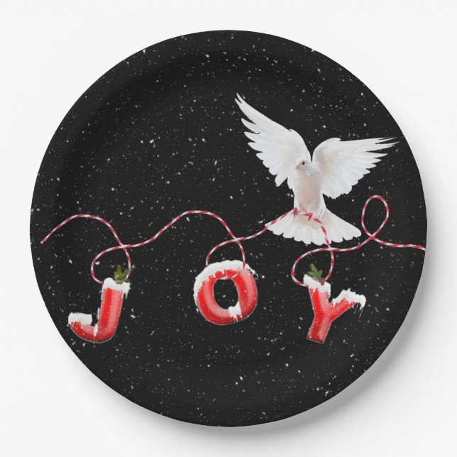 Christmas JOY with Dove and Snowflakes  Paper Plate (Front)