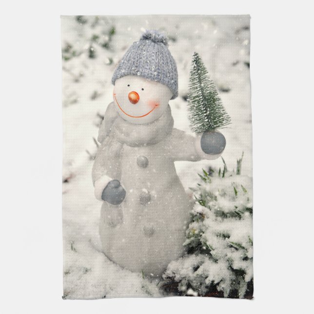 Christmas Joy with Smiling Snowman Tea Towel (Vertical)