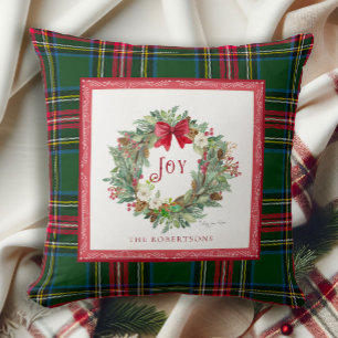 Christmas Joy Wreath Bow Watercolor Tartan Plaid Cushion